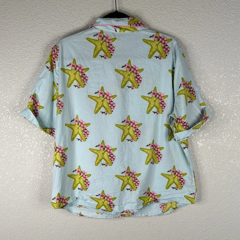 Their Nibs Floral Starfish Nautical 100% Cotton Button Down Pajama‎ Top Size L